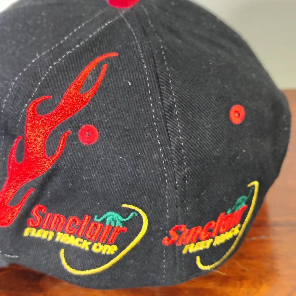 Sinclair Hat Cap Strap Back Black Red Dino Flame Racing Mens - Picture 7 of 12